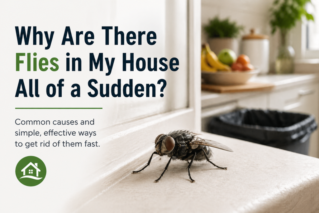 Fly sitting on a kitchen surface near a window, illustrating why flies appear in the home